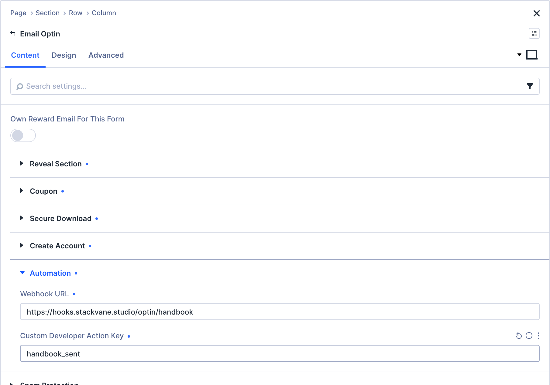 The Automation group open in the Visual Builder, holding a webhook URL that receives a signed payload on every subscribe and a custom developer action key