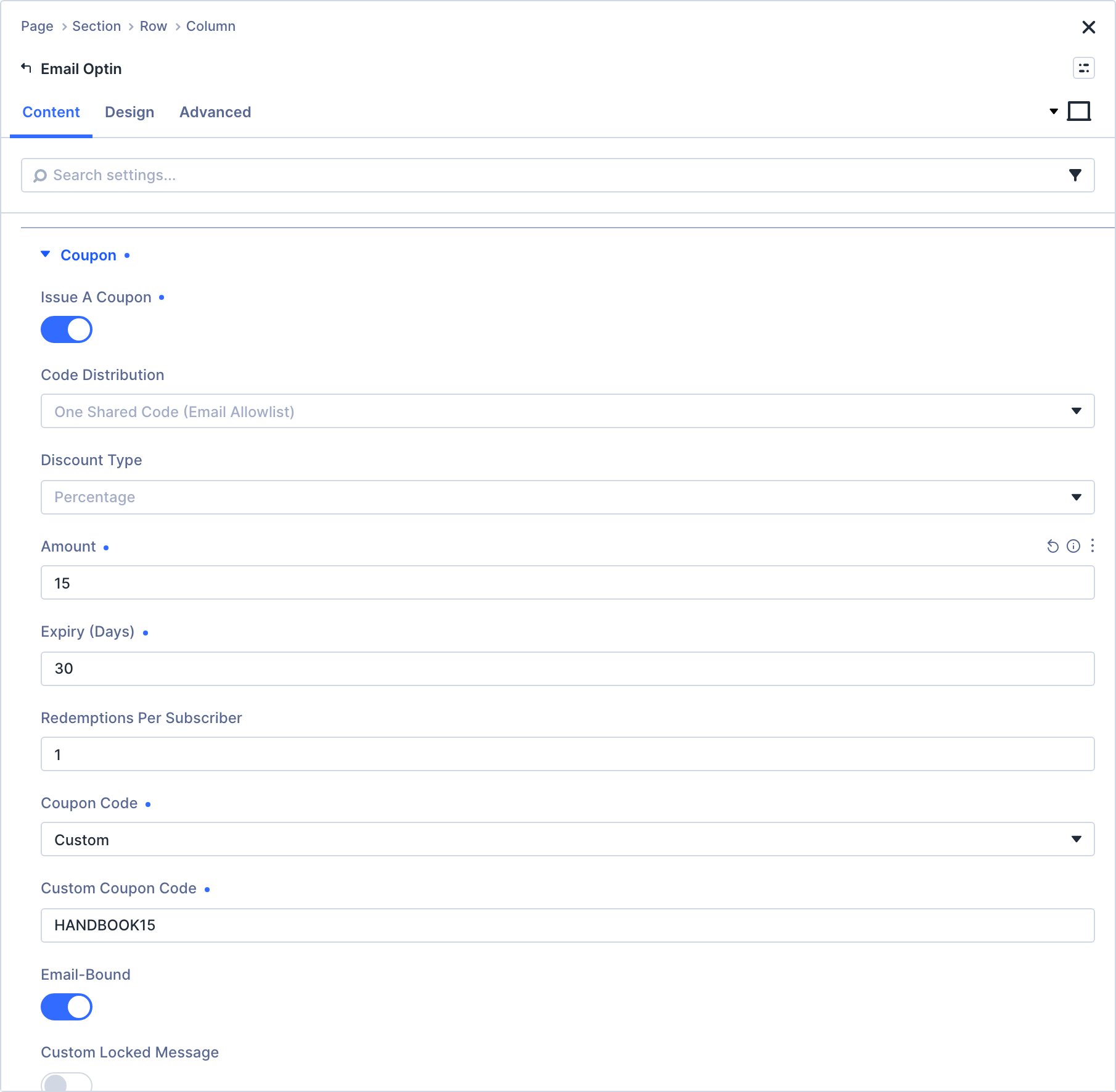 The Coupon group open in the Visual Builder with a shared code selected, the warning that shared mode stores subscriber addresses, and a 15 percent discount set to expire in 30 days