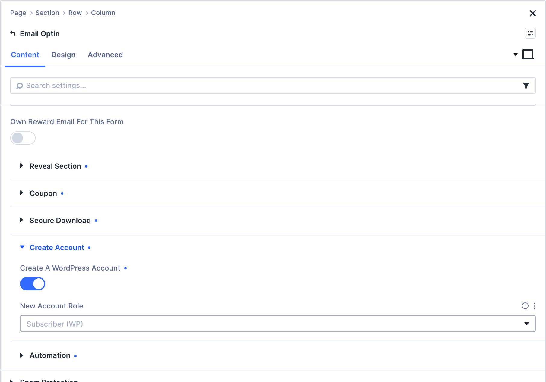 The Create Account group open in the Visual Builder, with the toggle that creates a WordPress account on subscribe and the role the new account is given