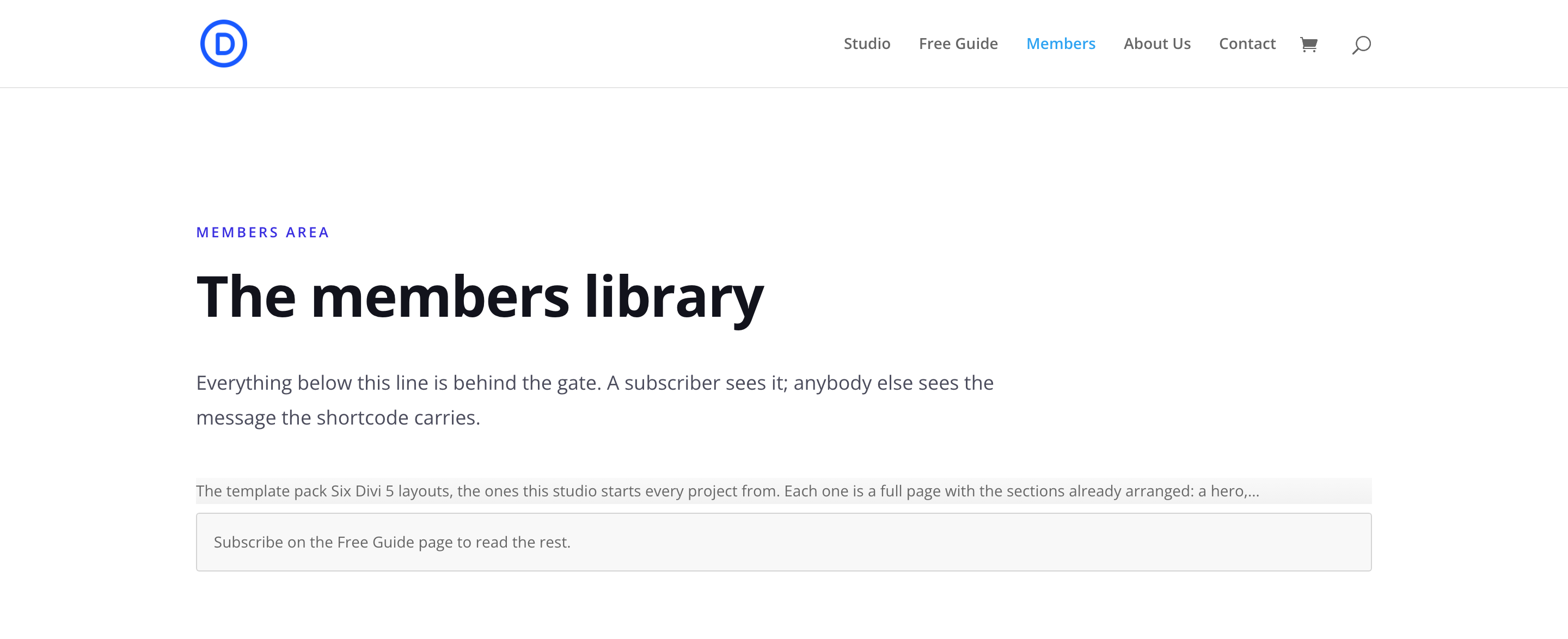 A members page as a visitor who has not subscribed sees it: the gated content is absent from the page and the shortcode's own message stands in its place