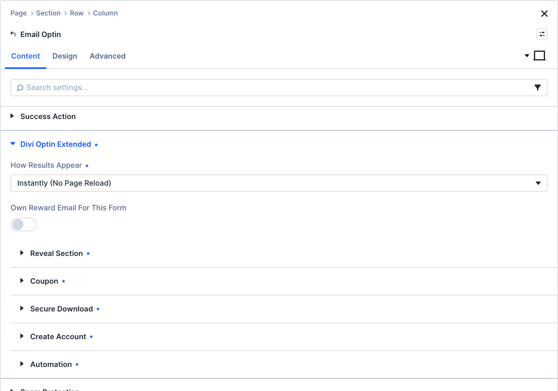 A Divi Email Optin module open in the Visual Builder, with the Divi Optin Extended group expanded in its Content tab and the five actions listed inside it