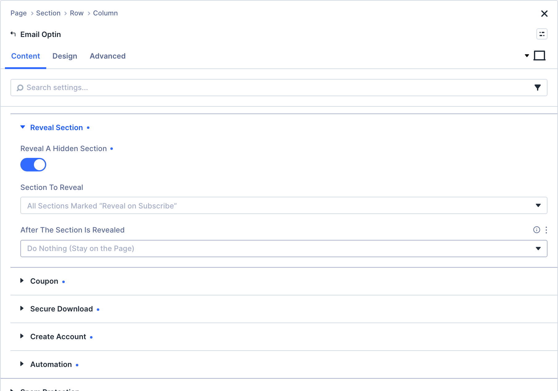 The Reveal Section group open on a Divi Email Optin in the Visual Builder, showing its Reveal a Hidden Section toggle, the Section to Reveal target and the follow-up action