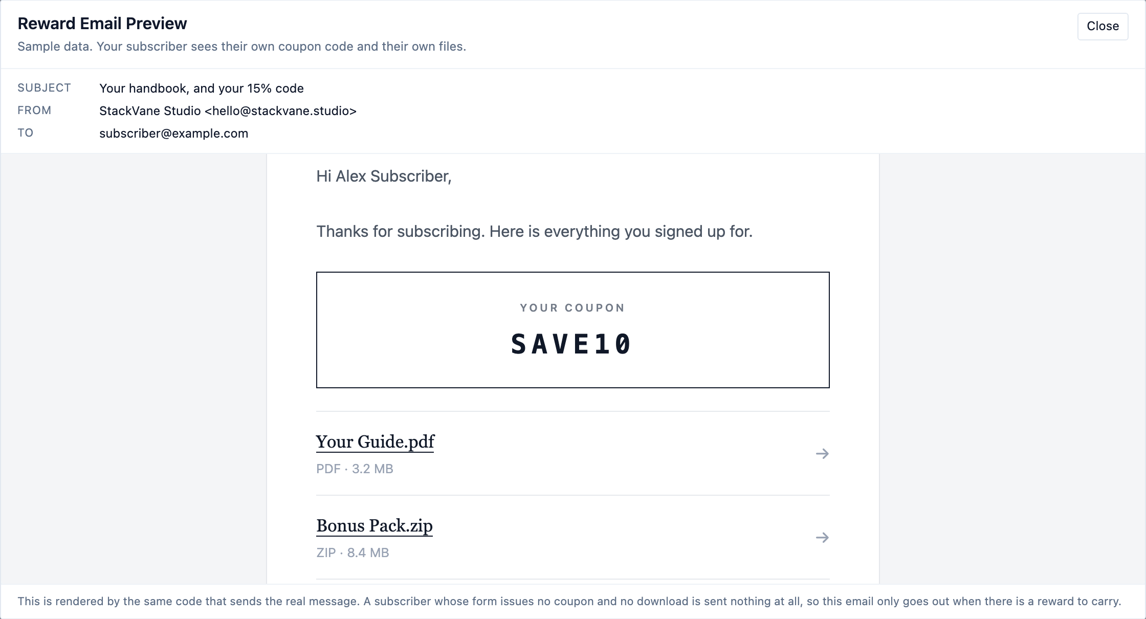 The reward email preview open over the settings screen, showing the coupon panel and the download buttons as they will be sent