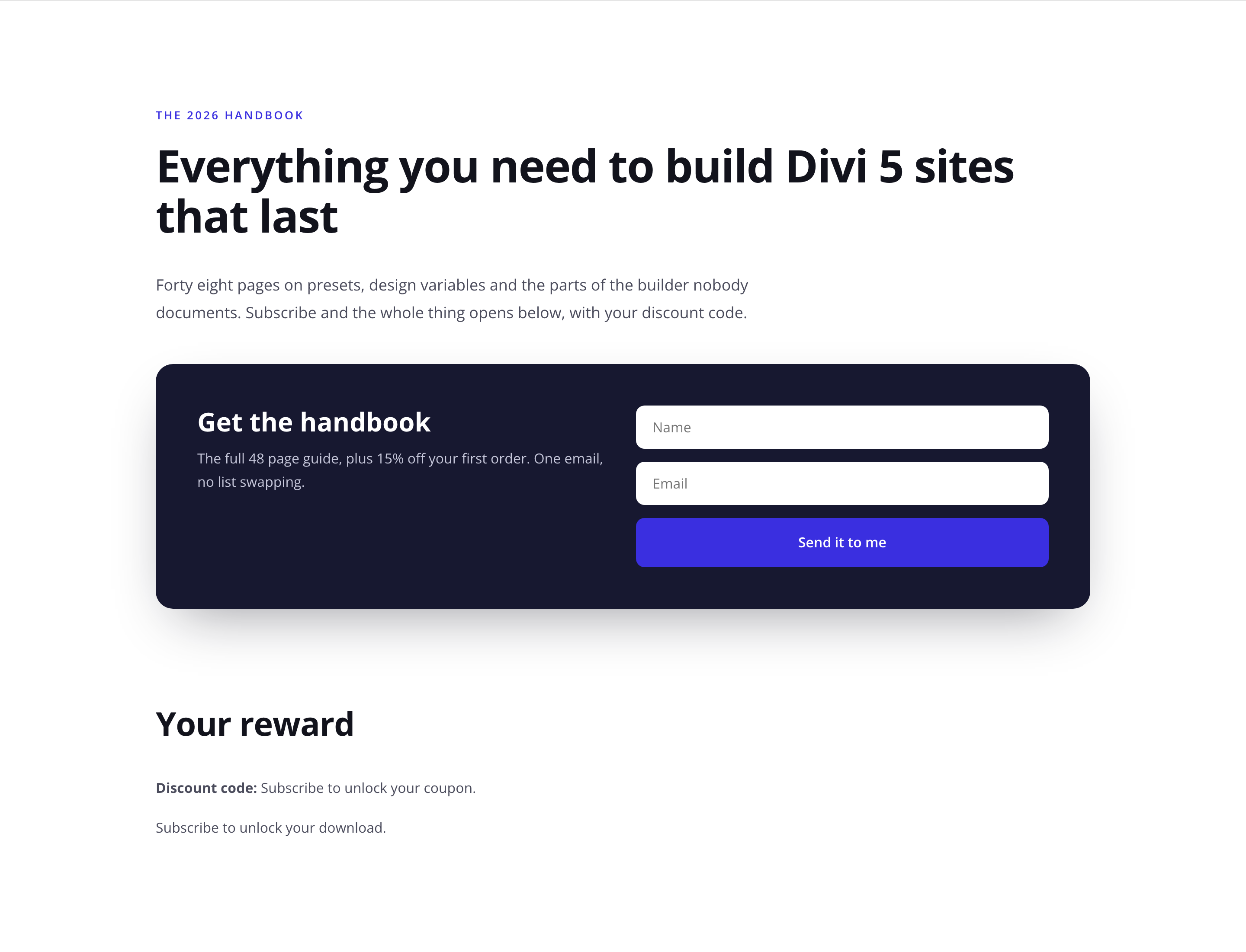 A landing page with the coupon and download placement tags below the Email Optin, each rendering the pending message the form carries until somebody subscribes