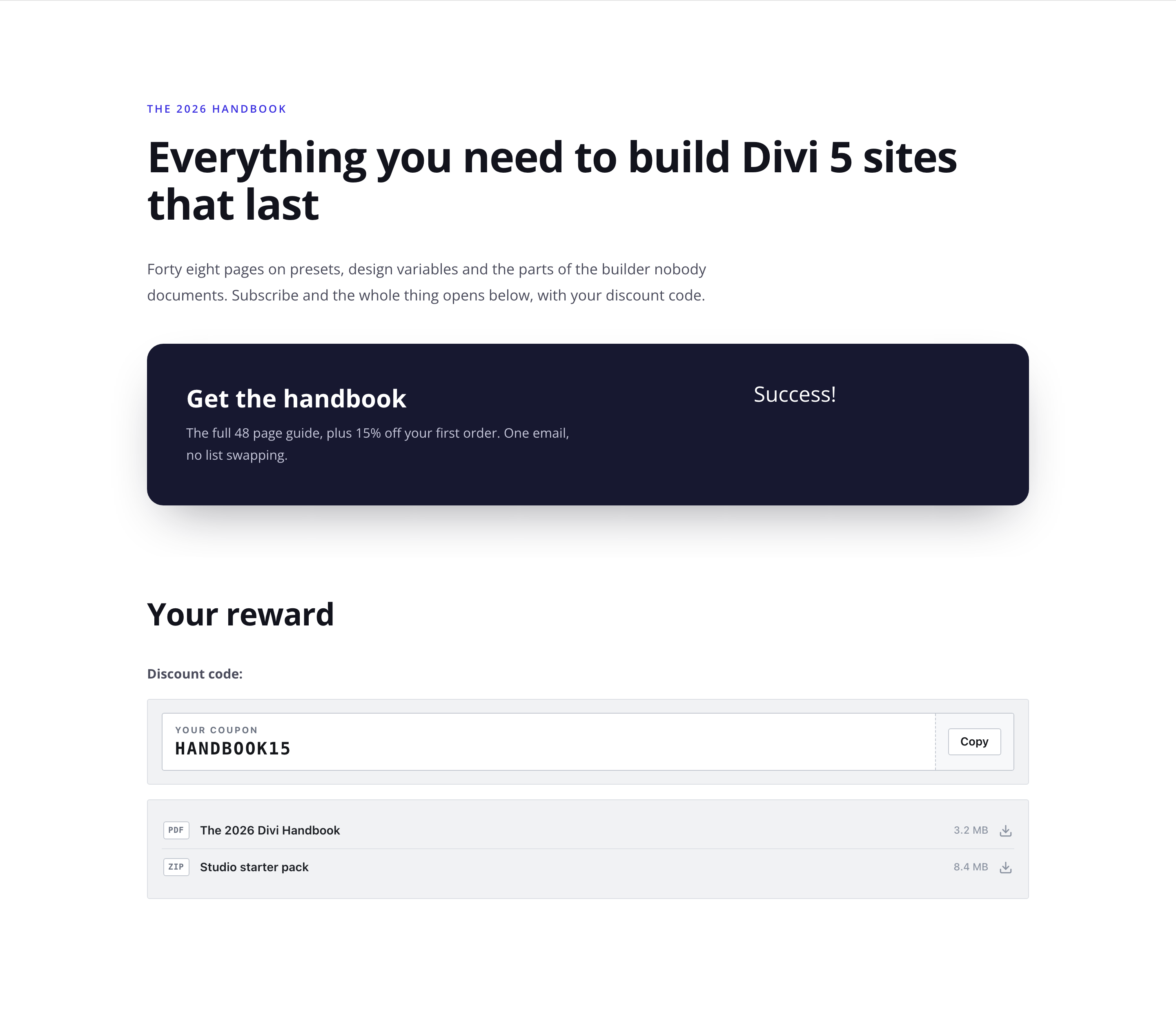 A landing page one subscribe later, with the discount code filled in beside a Copy button and two signed download links in place of the messages that were there before