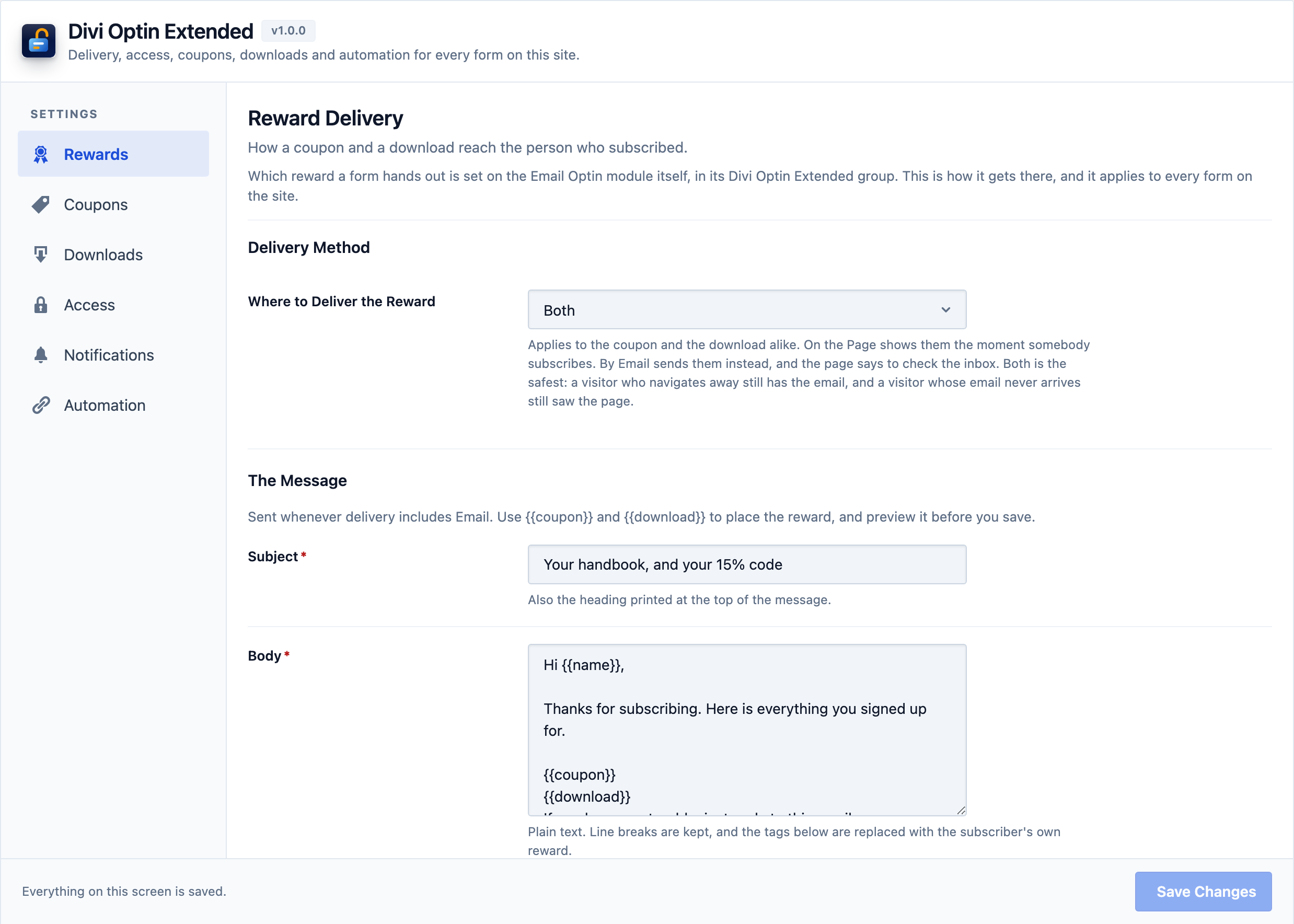 The Divi Optin Extended settings screen with its side rail, showing reward delivery, the message and the sender
