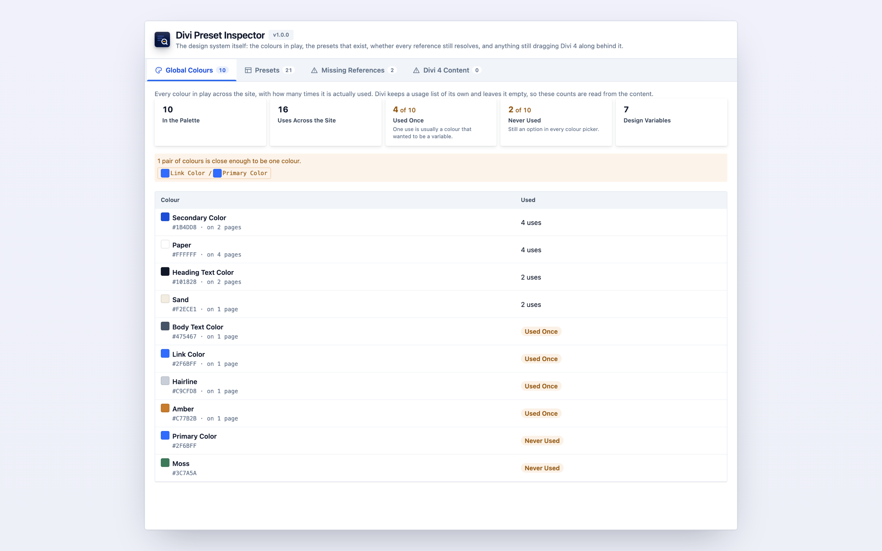 The Design Audit screen: global colours with usage counts, the near-duplicate warning, and the preset inventory