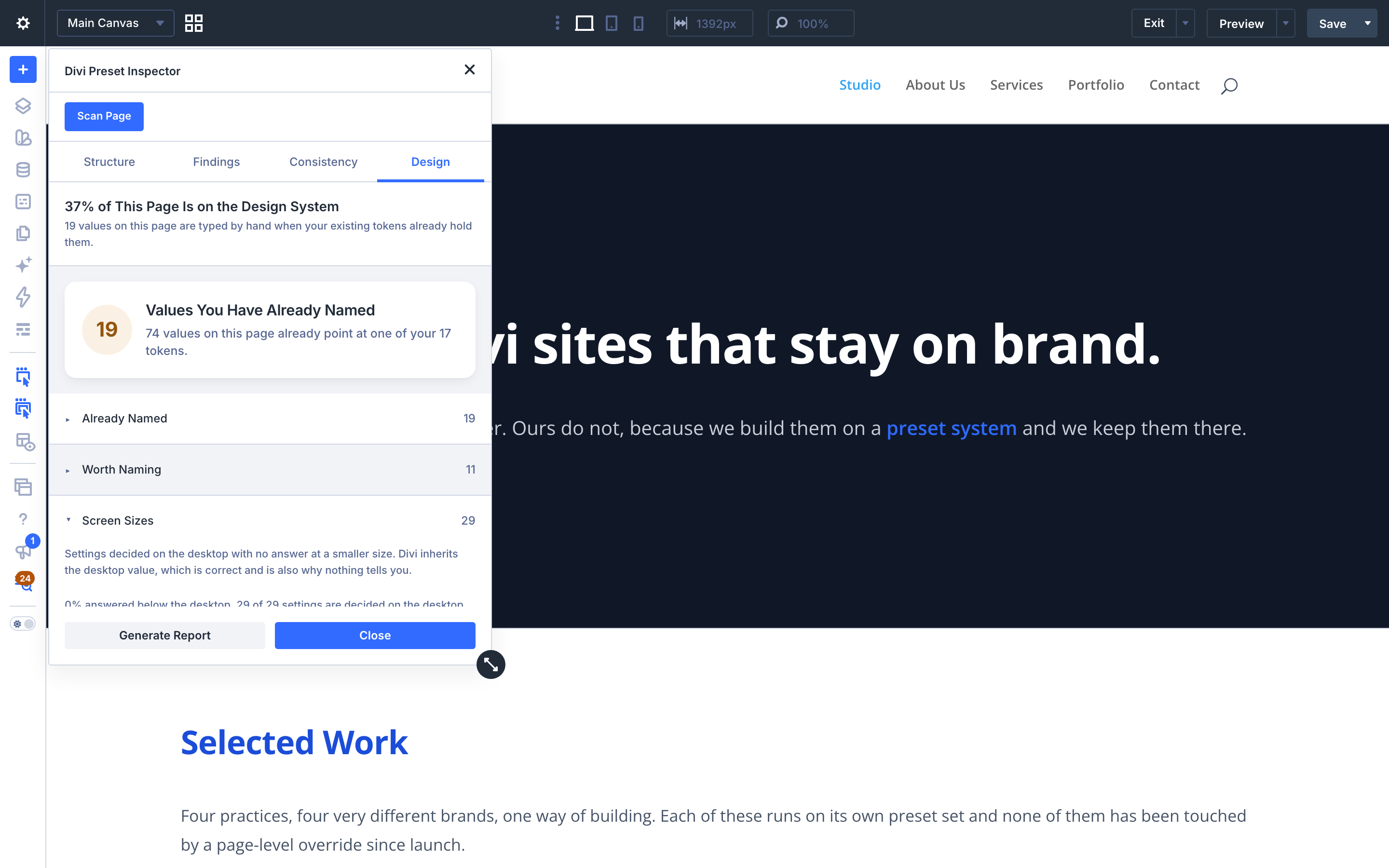 The Design view scrolled to Screen Sizes and Hover and Sticky, listing settings with no smaller-screen answer and values set on a hover state