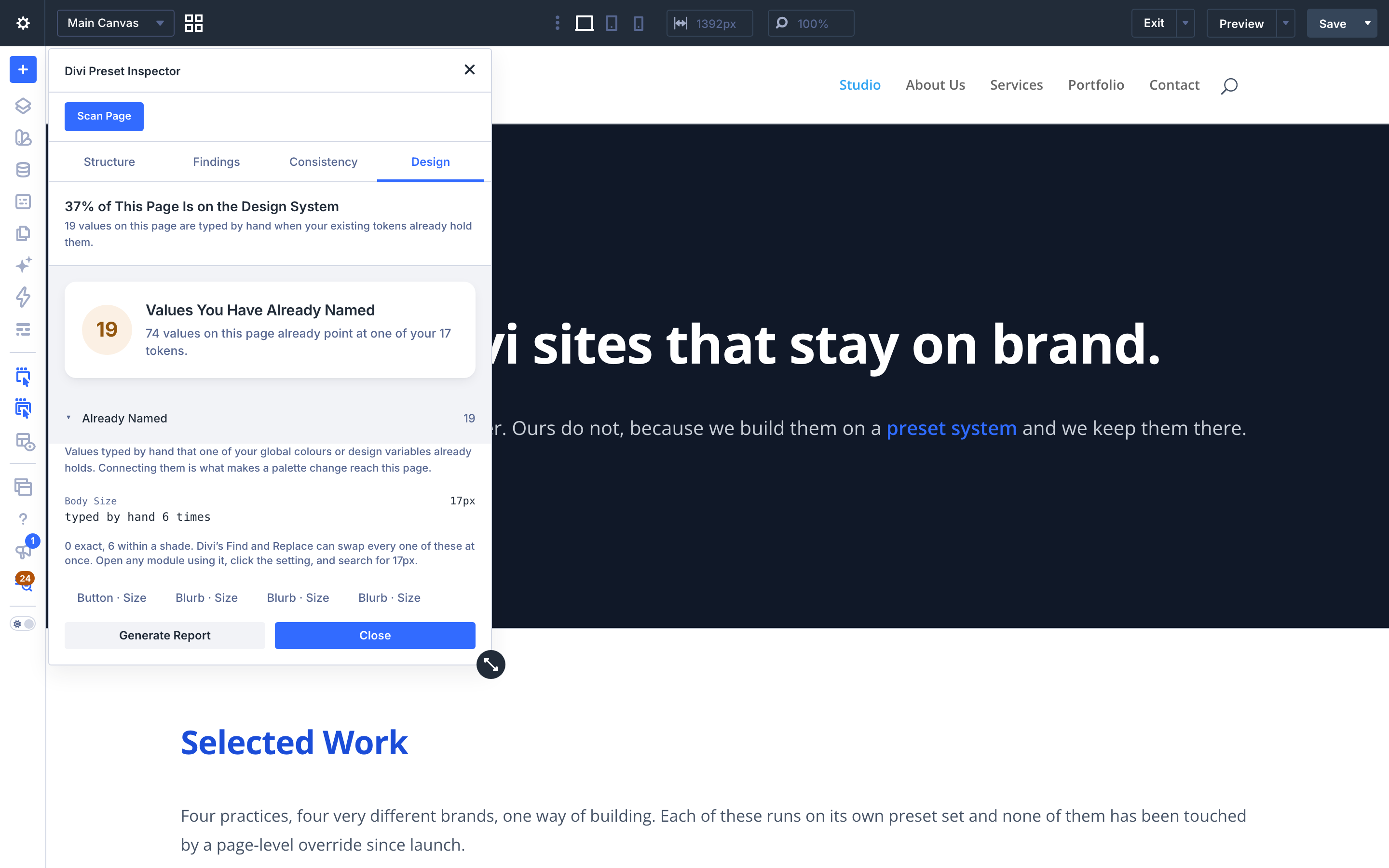 The Design view naming a global colour and the number of times it was typed by hand on the page, split into exact matches and near misses