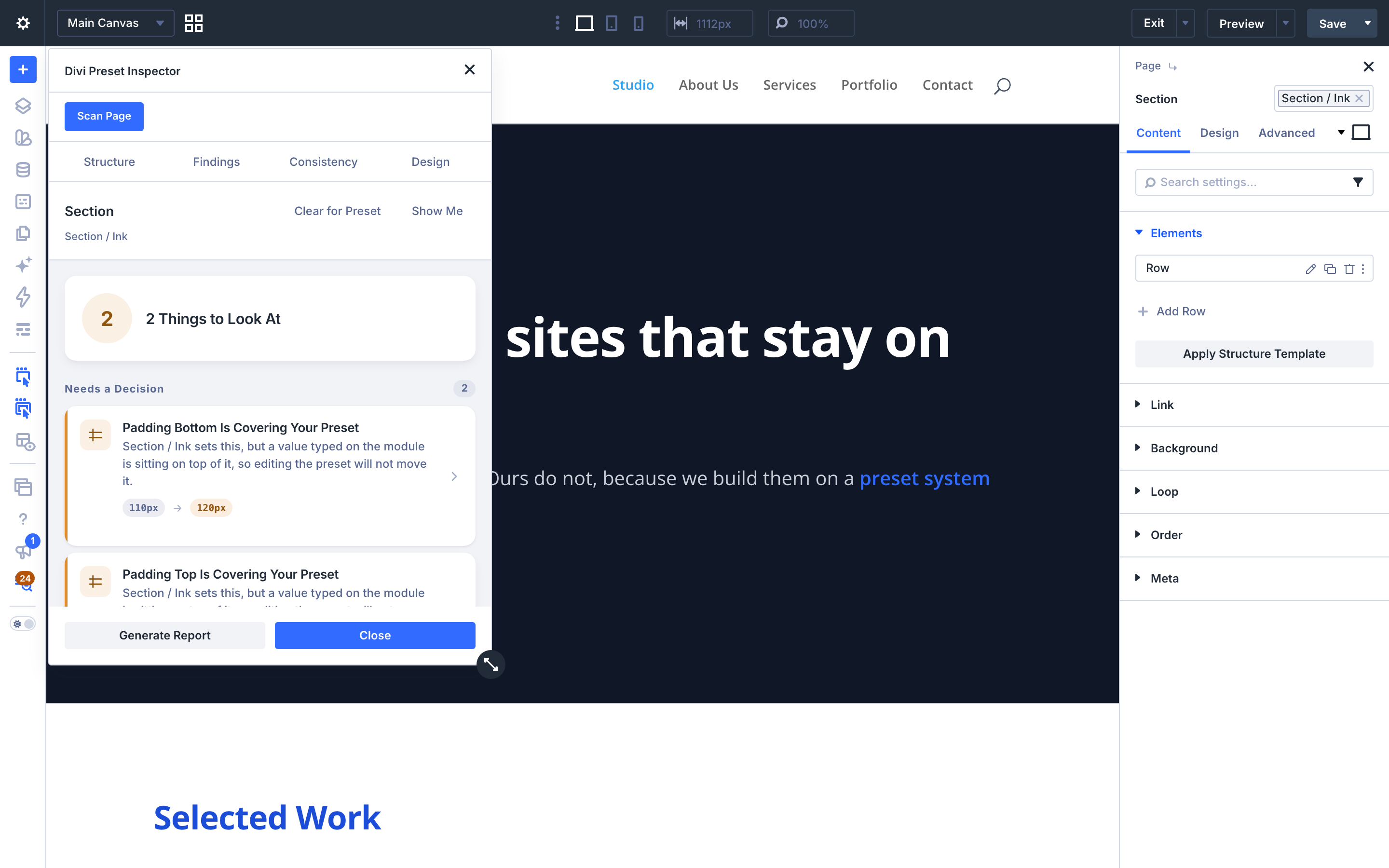 A module opened in Divi Preset Inspector, its values listed with a coloured origin badge against each one