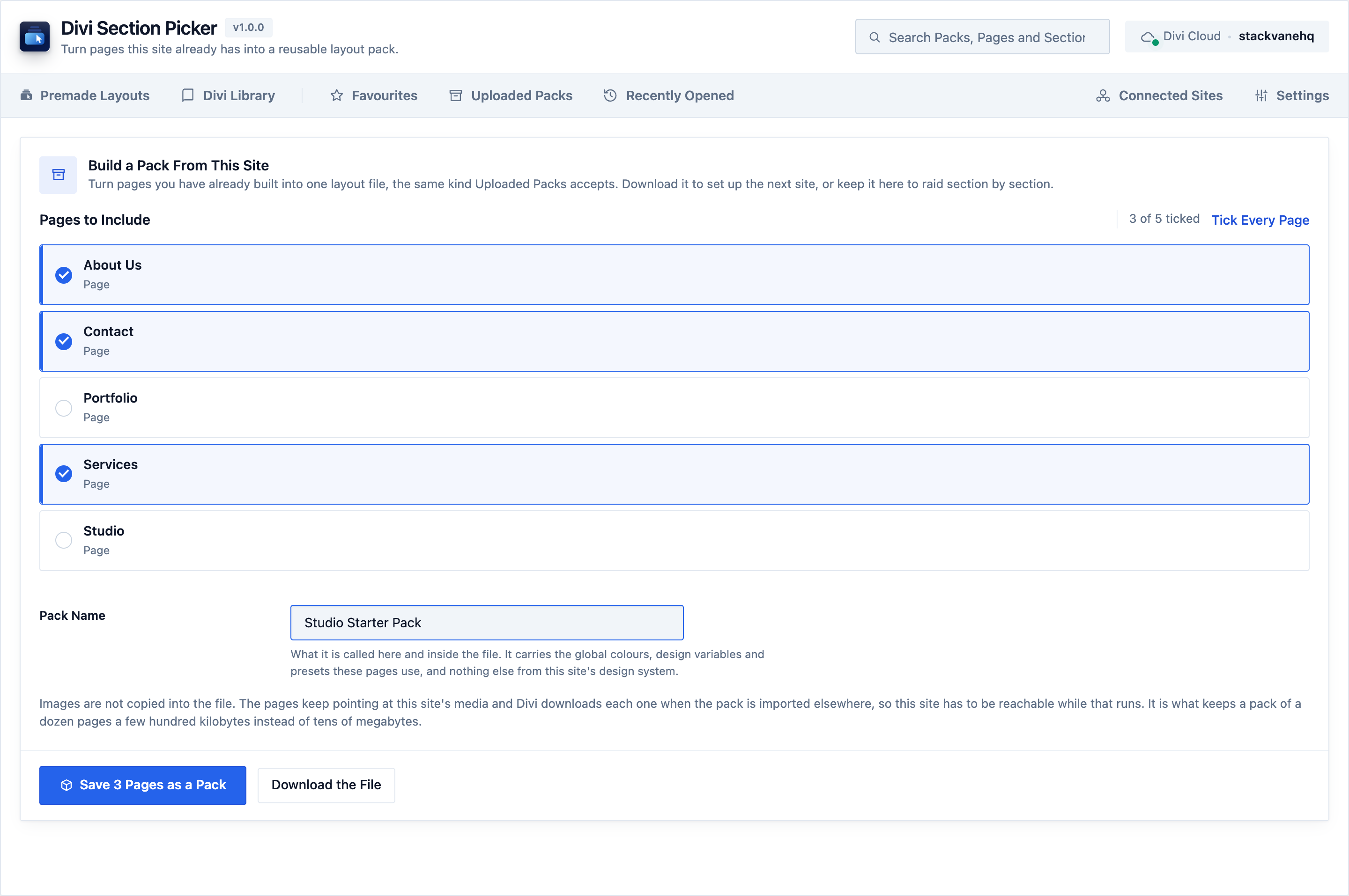 The Build a Pack screen in Divi Section Picker with several of this site’s pages ticked, a pack name filled in, and buttons to save it as a pack or download the file