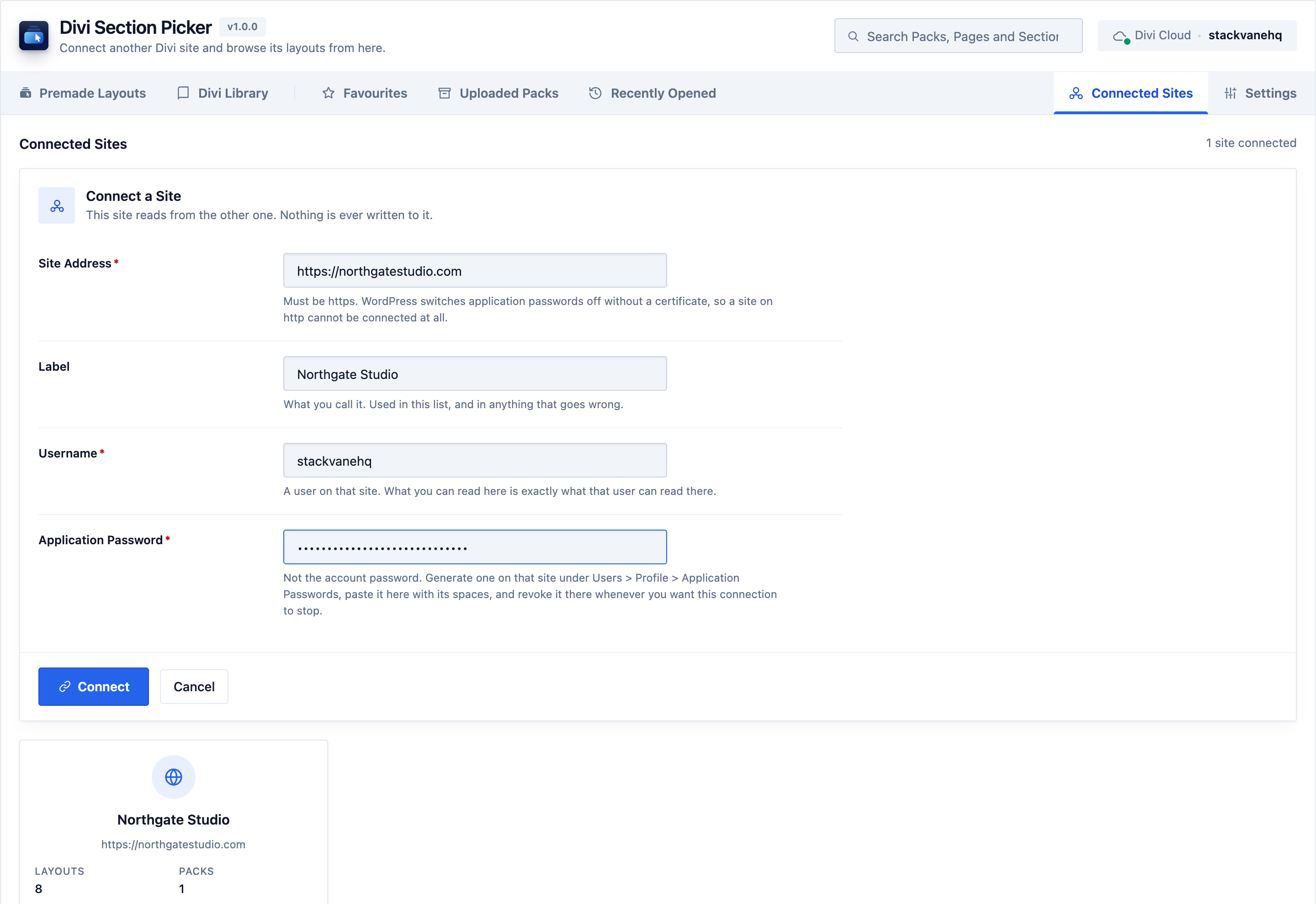 The Connect a Site form with fields for the site address, a label, a username and an application password
