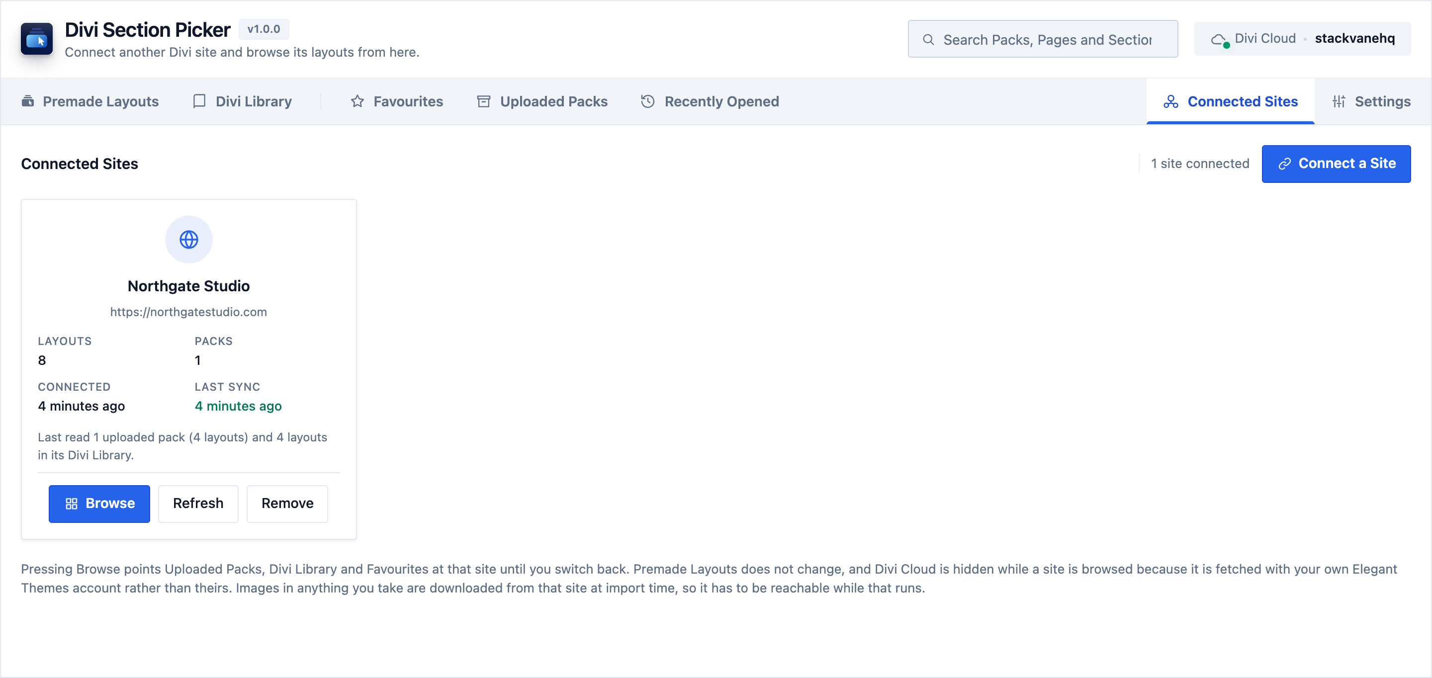 The Connected Sites screen listing another Divi site as a card, with how many layouts and packs it holds, when it was connected, when it was last read, and buttons to browse, refresh or remove it