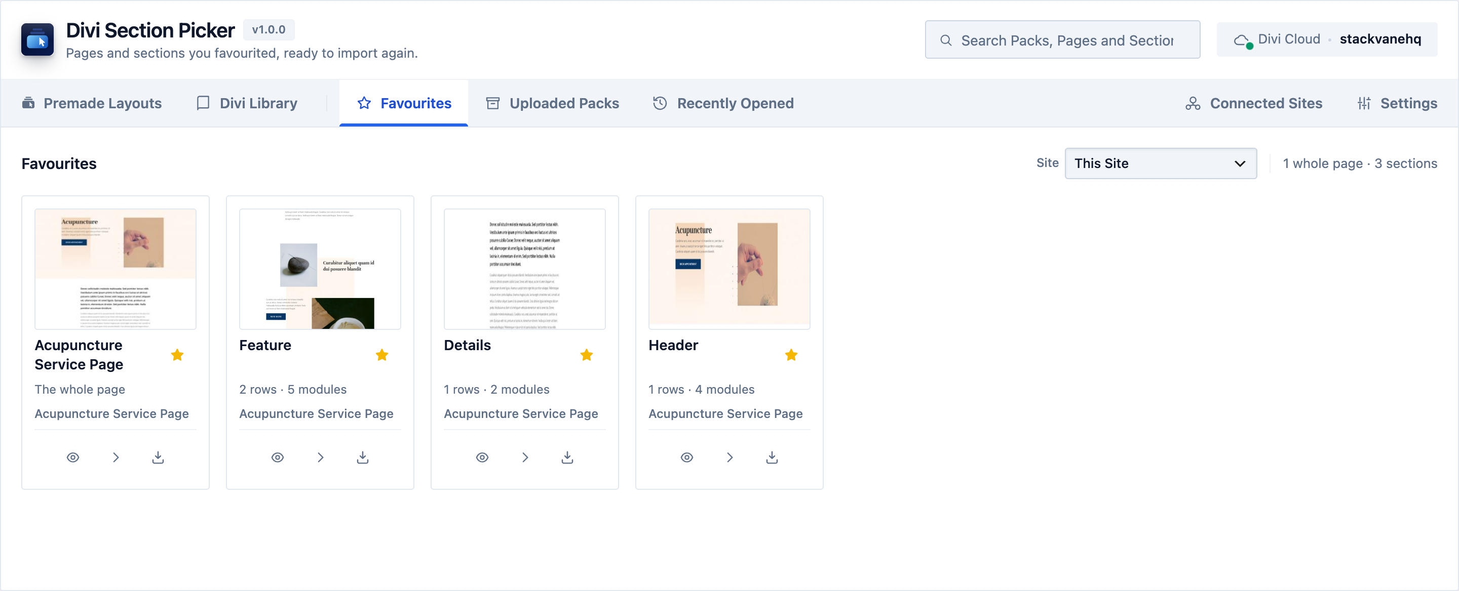 The Favourites screen in Divi Section Picker listing two starred Divi sections with preview, export and import actions
