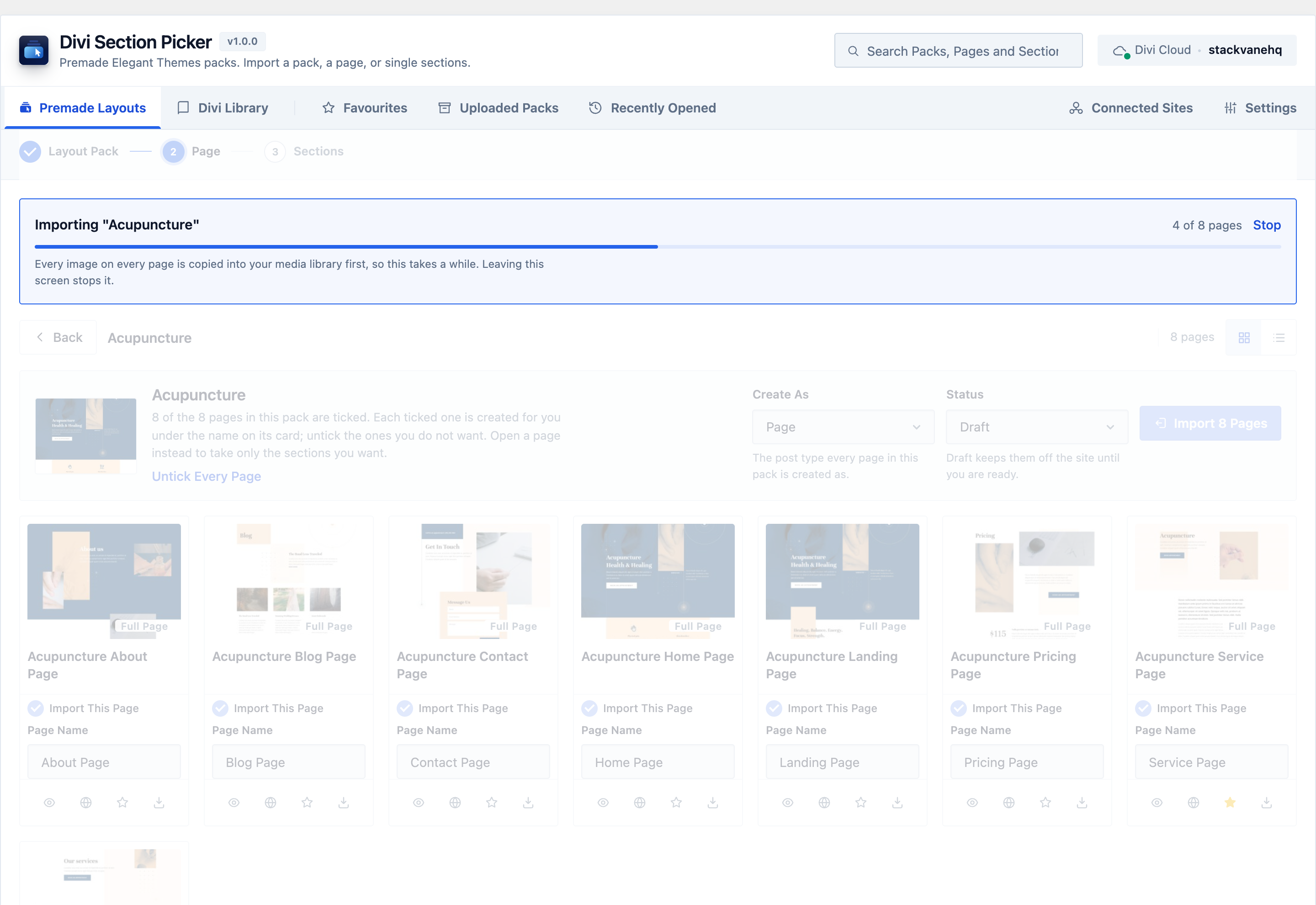 A whole Divi layout pack importing page by page, showing 3 of 8 pages done and a Stop control