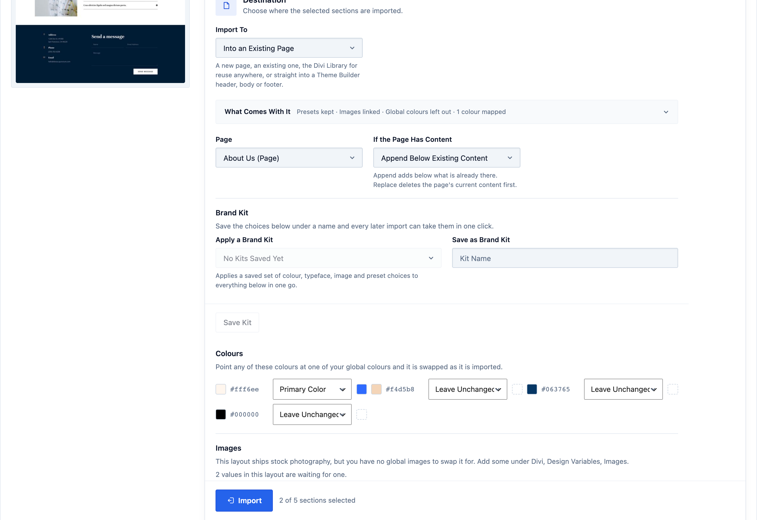 The colour panel mapping each colour in a premade Divi section to one of the site’s own global colours before import