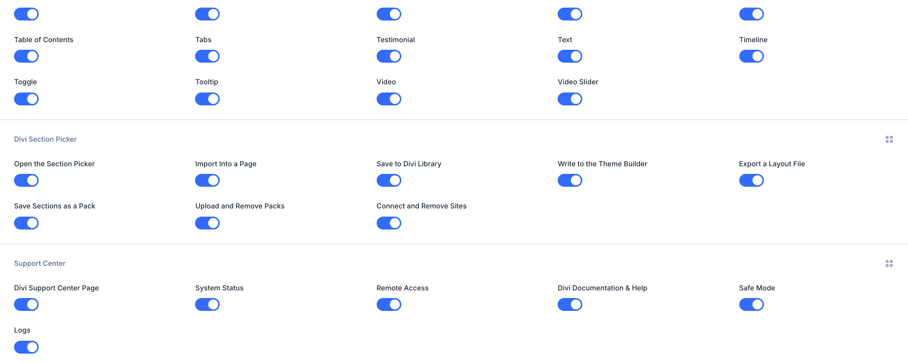 The Divi Section Picker group inside Divi's Role Editor, showing eight permission switches all turned on