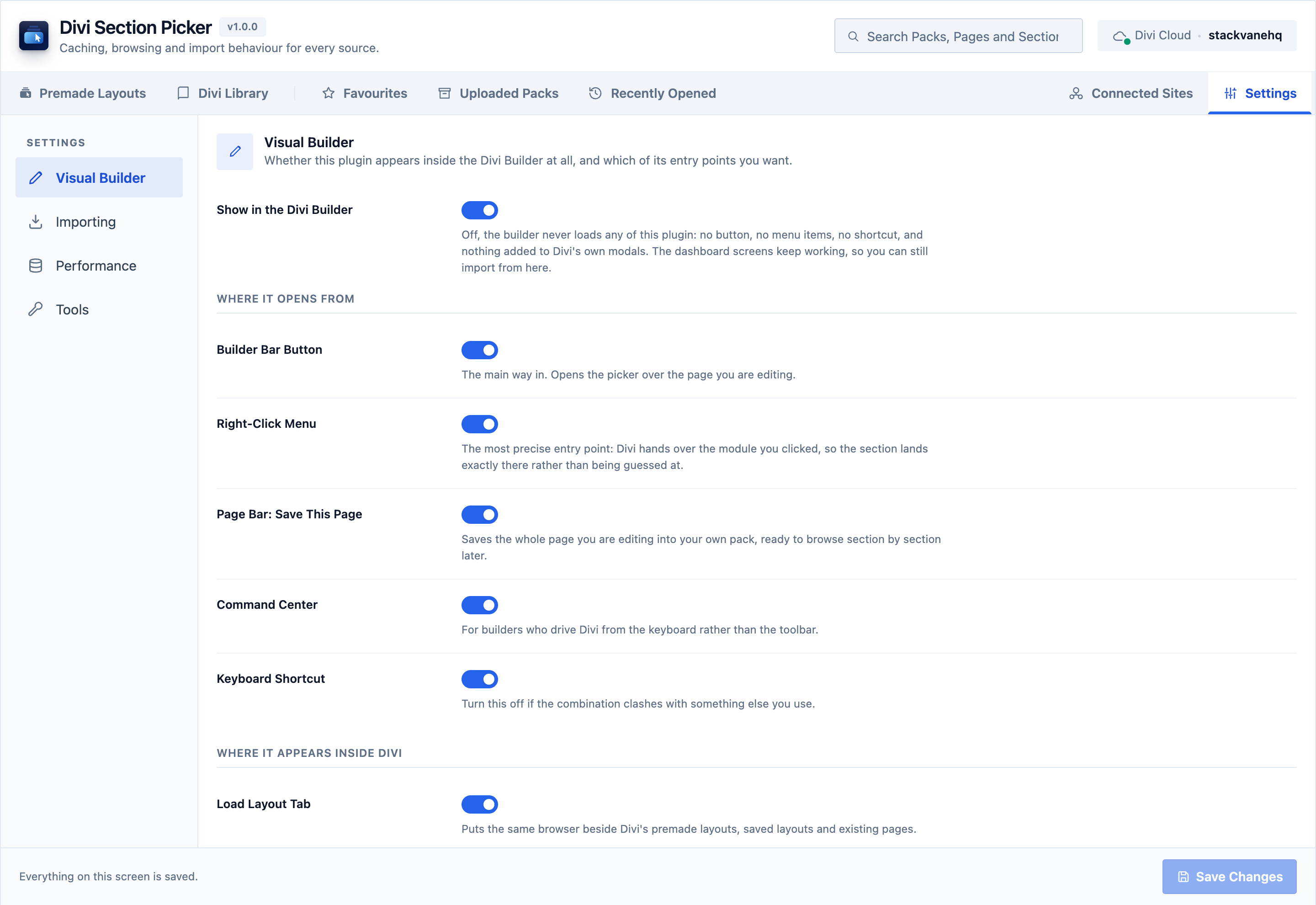 The Divi Section Picker settings screen with a master switch for the Visual Builder and one switch per entry point