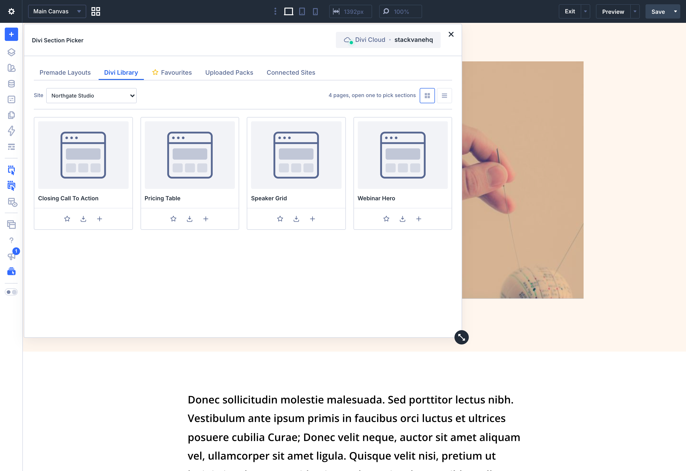 The Divi Section Picker panel inside the Visual Builder with another site chosen in the site dropdown and that site's Divi Library items in the grid below