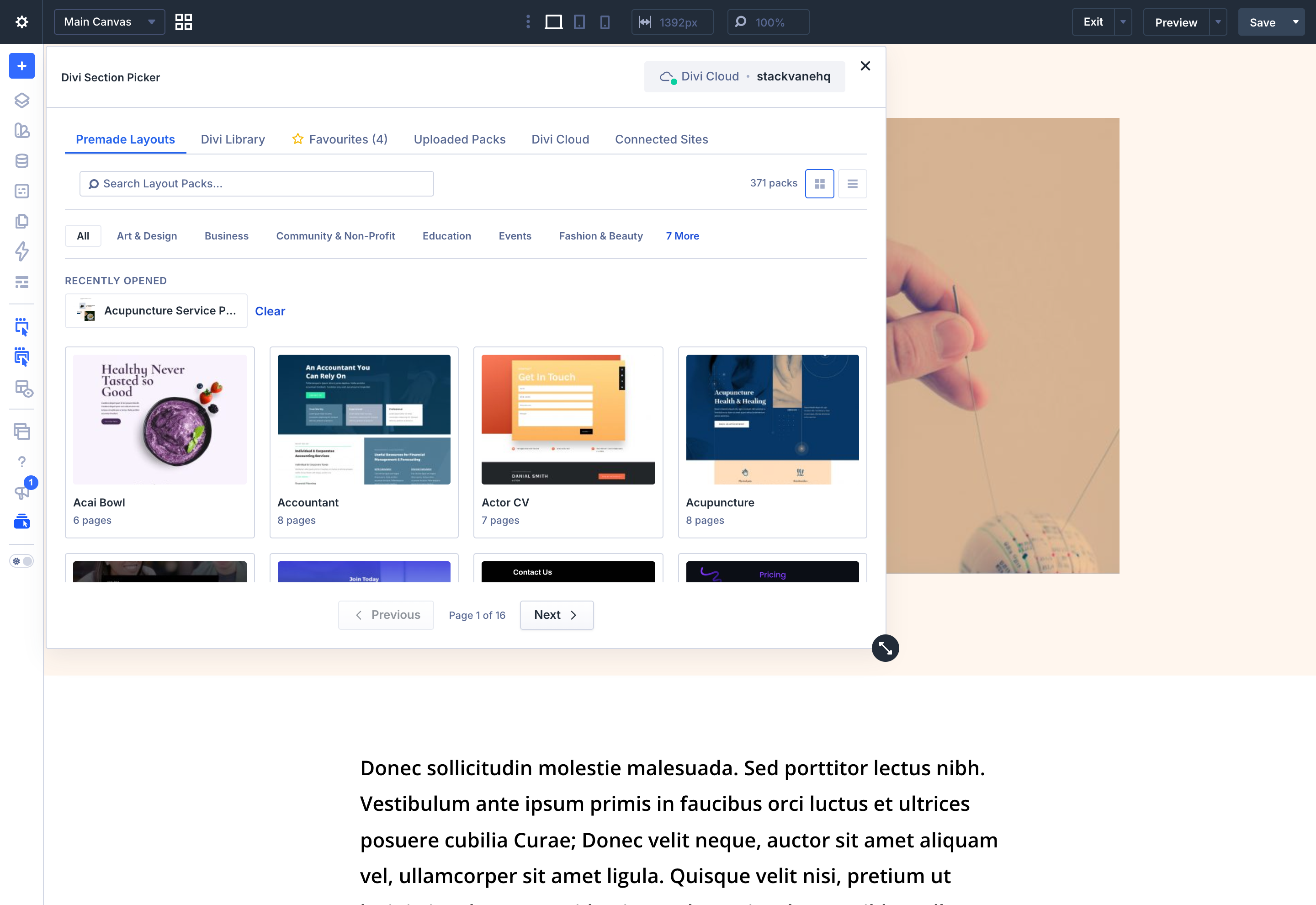 The Divi Section Picker browser inside the Visual Builder, showing the Premade Layouts, Divi Cloud, Uploaded Packs and Divi Library tabs over a grid of layout packs