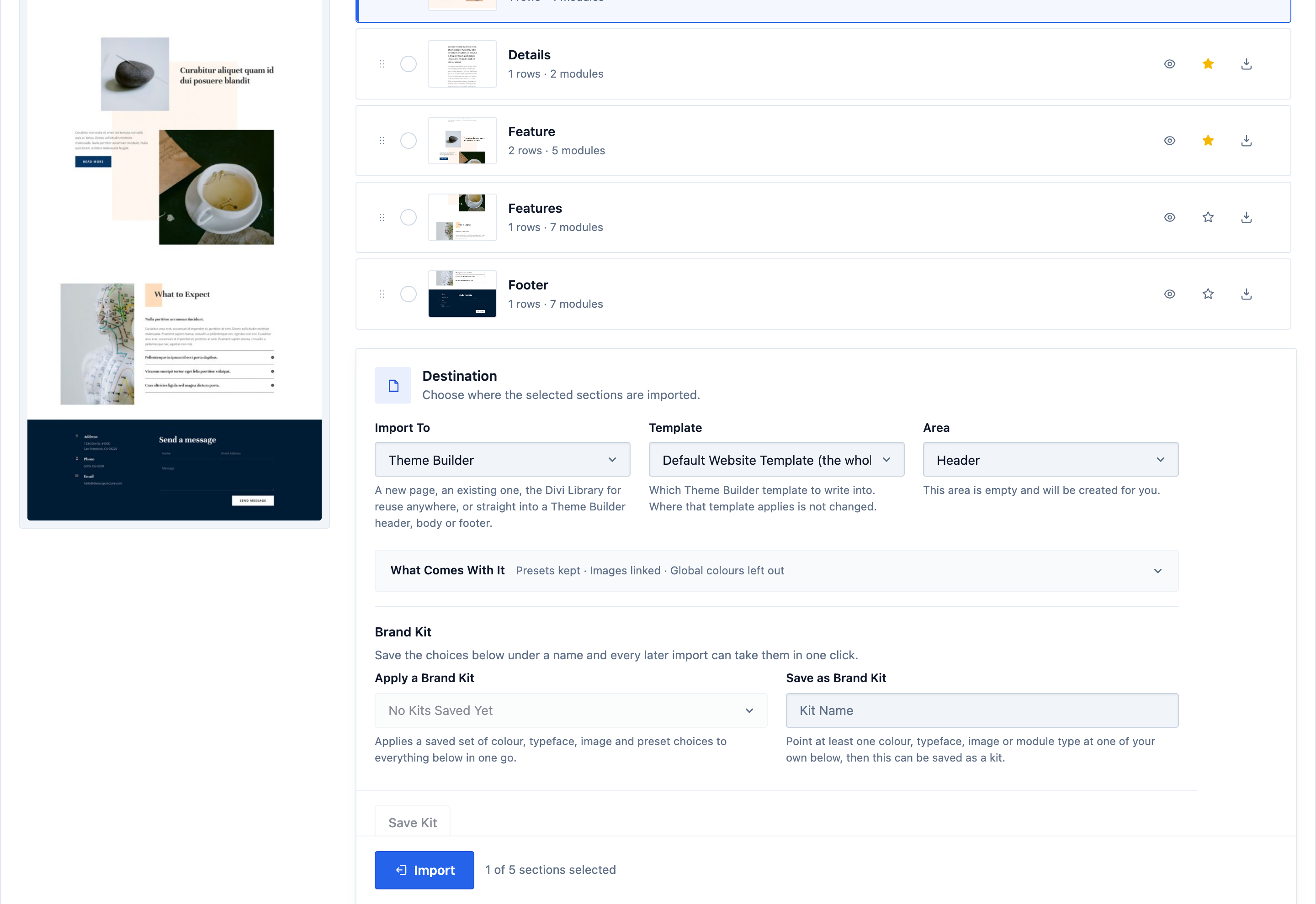 The Divi Section Picker destination panel set to Theme Builder, with a template chosen, an area of Header, and a choice between adding to and replacing what is already there