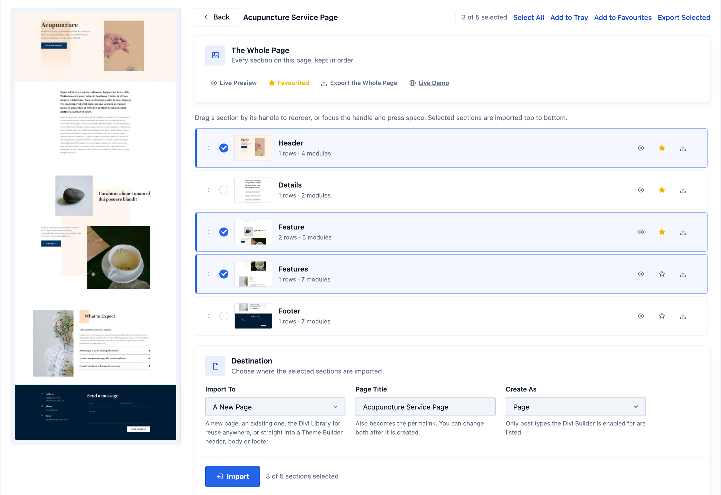 Divi Section Picker funnel: choosing a layout pack, then a page inside it, then ticking two sections to import