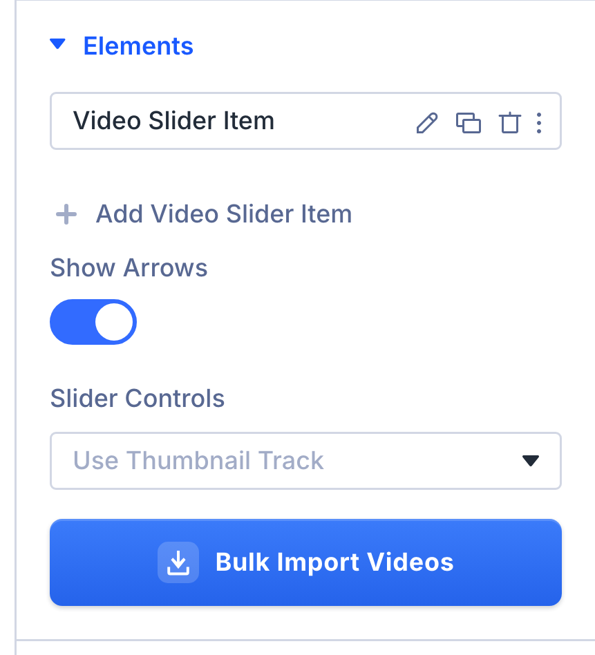 The Bulk Import Videos button at the end of the Elements group in Divi's Video Slider settings