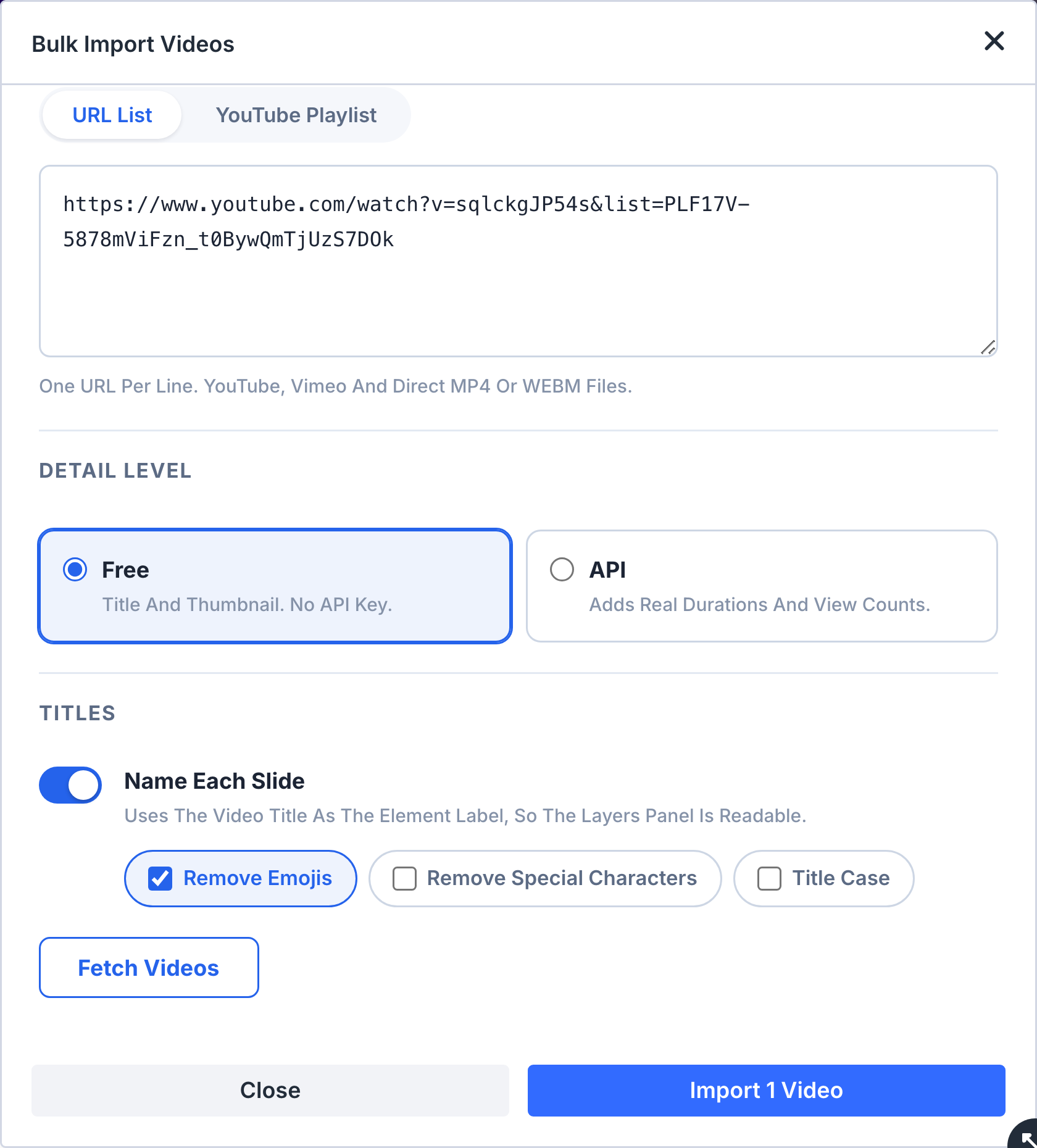 A whole YouTube playlist fetched and listed ready to import