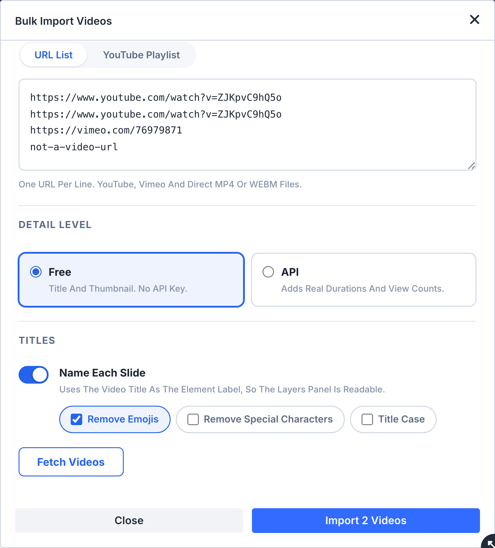 A pasted list of URLs fetched, showing the ready rows and the skipped ones with their reasons
